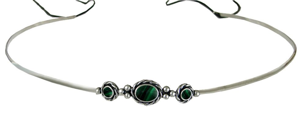 Sterling Silver Renaissance Style Exquisite Headpiece Circlet Tiara With Malachite